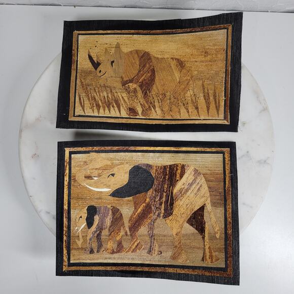 Vintage Banana Leaf Elephant and Rhino Painting Unframed Safari Wall Art - Picture 8 of 11